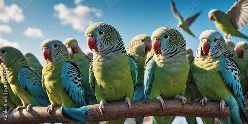 Parakeets Huddled on a Branch. A group of green parakeets with blue wings huddle together on a thin branch.