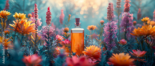 A bottle of perfume is placed in a field of flowers with blurred background