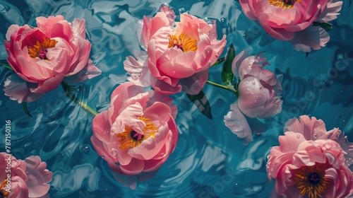 A delicate pink wild rose flower floats in clear transparent water.