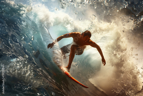 A dynamic image of surfing capturing an athlete expertly riding a wave, showcasing the thrill and excitement of the sport in a breathtaking coastal environment.