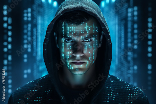 Generative AI illustration of man with digital code on his face symbolizes cybersecurity and hacking in a digital age