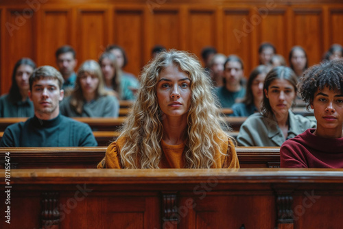 Young woman seated with group in courtroom setting Generative AI image