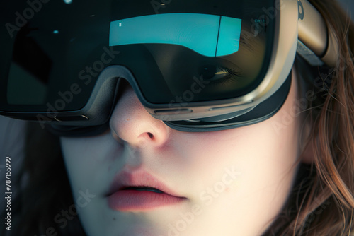 A detailed close-up of a woman's face partially covered by stylish ski goggles reflecting light Generative AI image