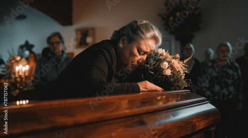 Old lady crying near the coffin, funeral scene