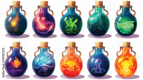 Potion bottles with magic elixir and tags cartoon gla