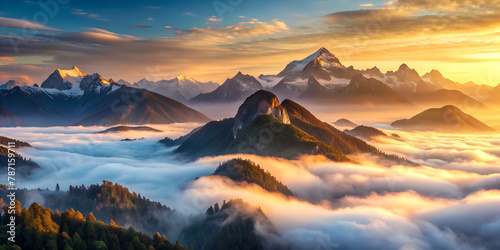 A majestic mountain range bathed in the soft light of dawn, with mist swirling around the peaks and valleys below