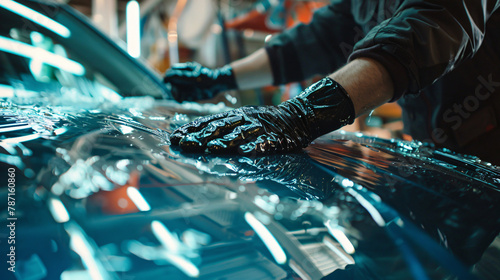 Worker installing ceramic foil on car window
