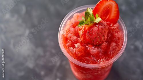 Strawberry Slushie in disposable plastic cup top view Sweet shaved ice Spanish fruit granizado Refreshing summer drink Selective focus copy space : Generative AI