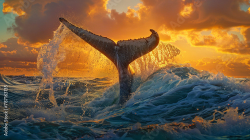 Moby Dick's tail, Whale Tail Splashing in Ocean at Sunset.
