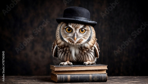 Wise owl wearing glasses and bowler hat standing isolated on vintage old books on dark background with copy space created with generative ai 