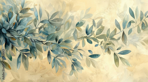Abstract watercolor painting of olive branches conveying peace and balance through delicate shapes and calming hues.