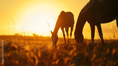 Silhouette of two horses grazing at sunset time in Sao Francisco de Paula Rio Grande do Sul Brazil : Generative AI