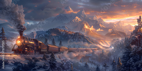 Morning of steam train in the snowy mountains,Winter weather of glaciers with train 