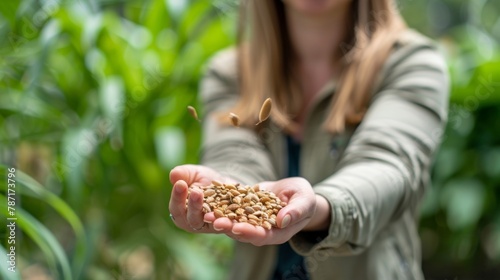 A woman is holding a handful of tiny hardy seeds that could potentially be the key to creating a sustainable biofuel source from an aggressive invasive plant species. .