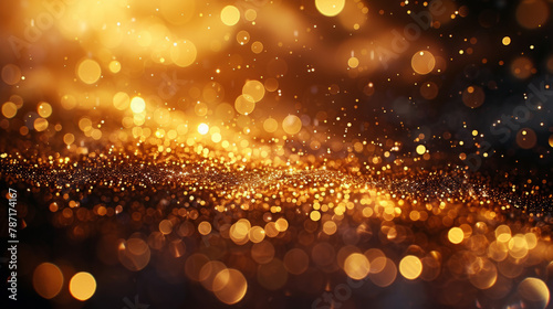Luxurious festive gold glitter and soft bokeh on a dark background, invoking feelings of celebration and opulence.