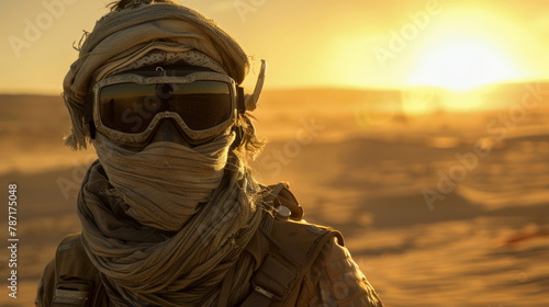 Explorer in desert at sunset, perfect for adventure and survival story themes.