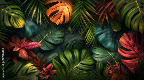 A colorful jungle scene with many different types of leaves and plants