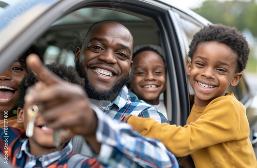 A happy family of four sitting in a new car, the father holding keys and pointing hand on the door handle smiling while the mom is driving the SUV, a family vacation concept