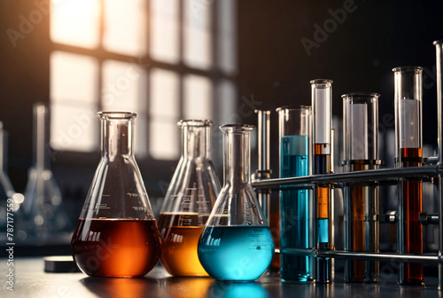 Group of flasks and test tubes in chemical laboratory. Reagents and samples acid suspensions on laboratory table for experiments. Various conical flasks with samples of different colors in interior