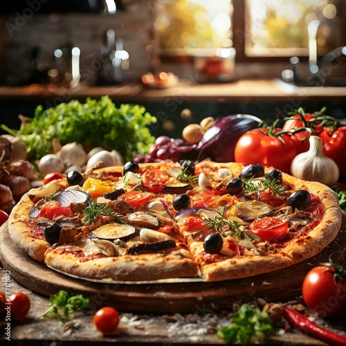 Pyszna, wegetariańska pizza leżąca na kuchennym blacie