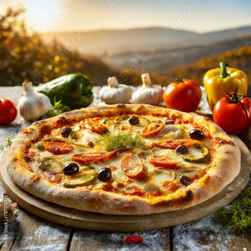 Pyszna, wegetariańska pizza leżąca na stole, na zewnątrz. W tle widać górski krajobraz