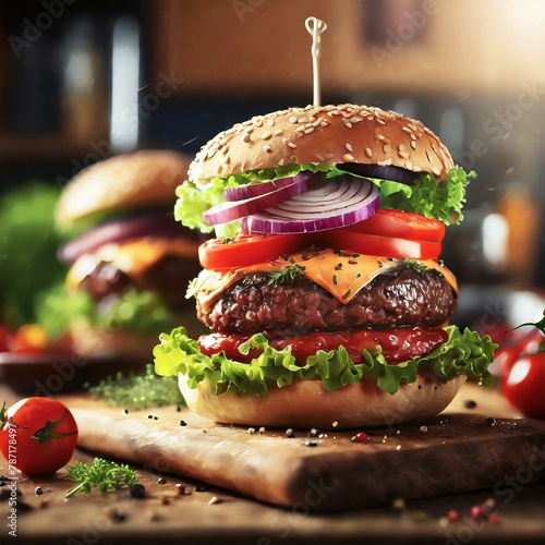 Świeżo przygotowany, soczysty, pyszny domowy hamburger leżący na kuchennym blacie