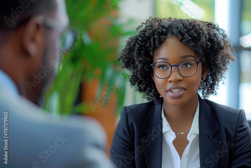 African American business apprentice engaging in a meeting with her mentor in the office generative ai
