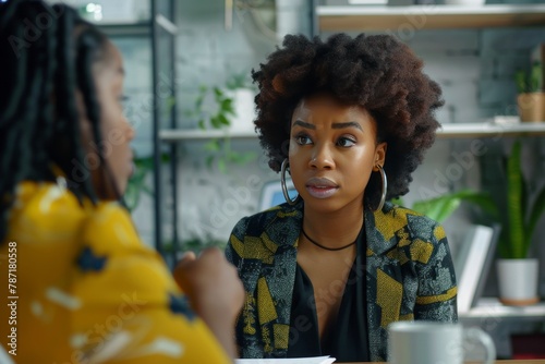 African American business apprentice engaging in a meeting with her mentor in the office generative ai