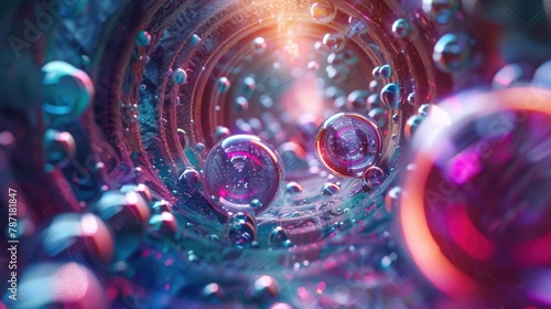 Design of Sci fi background with a technological tunnel Tiny colorful spheres moving on the bumpy tunnel surface