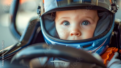 Future Racer: Baby with Racing Helmet and Steering Wheel. Generative ai