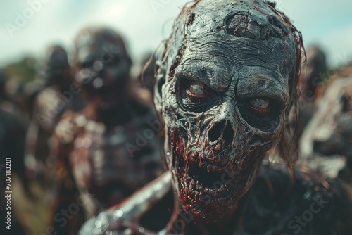 A horde of realistic zombies looking at the camera, providing a creepy visual effect