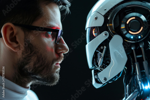 A man and a robot are staring at each other