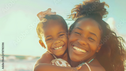 Smiling young black mother and beautiful daughter having fun on the beach with copy space Portrait of happy sister giving a piggyback ride to cute little girl at seaside Lovely kid emb : Generative AI