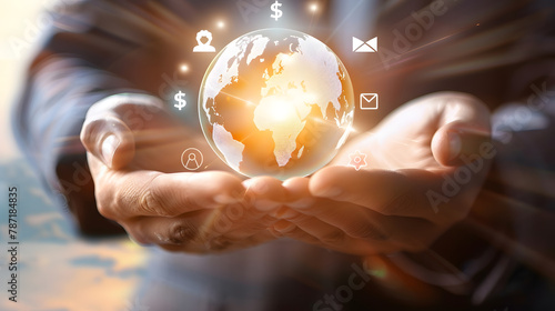 Global currency exchange and forex concept Business man hand holding world with virtual line effect and dollar yuan yen euro and pound sterling sign with copy space : Generative AI