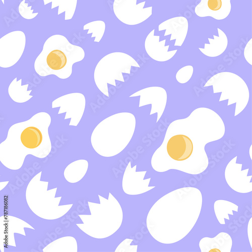 White eggs, broken shells and sunny side up fried eggs arranged diagonally on violet backdrop. Alluring vector seamless pattern for printing on various materials or use in graphic design projects.