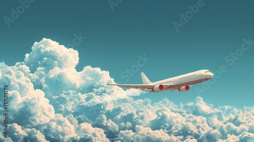 Commercial airplane in flight above the clouds with clear blue sky. Aviation and travel concept