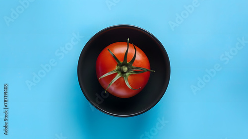 Top view of red ripe tomato in black ceramic dish on blue background with copy space : Generative AI