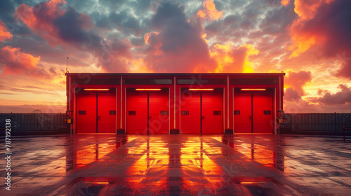 Fire station against a vibrant sunset, the iconic red doors standing out, conveying the readiness and preparedness of the firefighters within.