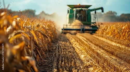 Harvester combine gathering ripe corn in the field agricultural farm concept with big modern industrial combine harvester reaping corn