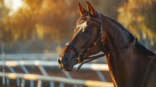 Majestic Brown Horse Ready for a Race at Golden Hour on the Racecourse