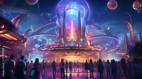 Attend a futuristic amusement park tugether party with AI-generated rides, holographic attractions, and high-tech entertainment in a celebration of futuristic fun