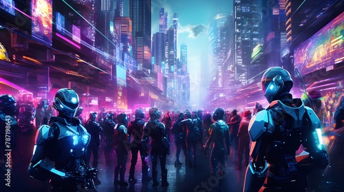 Attend a futuristic cyber tugether party where AI-generated robots and cyborgs dance to electronic music in a neon-lit cityscape
