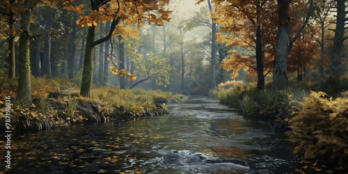 The peaceful flow of a river framed by vibrant autumn foliage, enveloping the scene in a soft mist