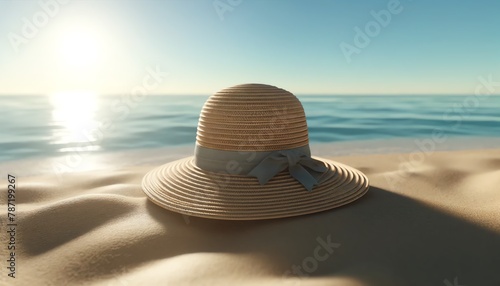 3D Image of a Woman's Straw Hat Upright in the Sand on a Sunny Beach