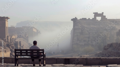 A man sits alone on a bench back hunched over as looks out at the ancient ruins. The peacefulness of the moment is interrupted . .