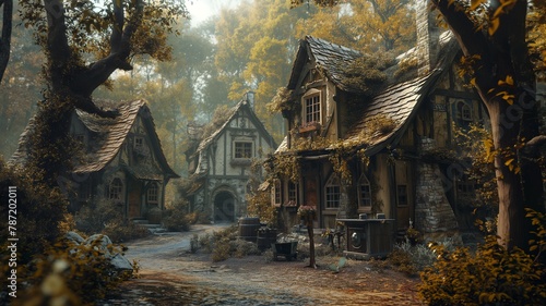 friendly goblin make a sword in blacksmith, a quaint fantastical village in the forest