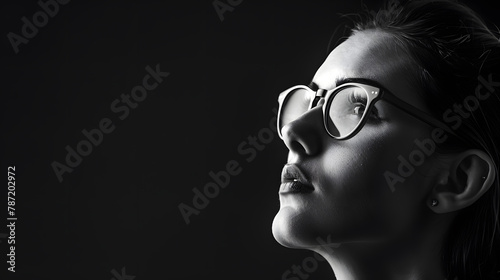 Young adult woman in black and white glasses against a black background with copy space : Generative AI
