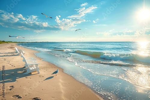 Immerse yourself in the tranquility of this professional shot capturing a serene European beach scene on a sunny summer day. Beachgoers relish in sunbathing