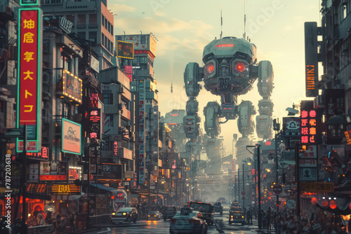futuristic cityscape with giant robot, neon signs, and urban architecture at dusk