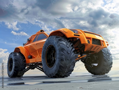 Orange car with huge wheels, monster truck 